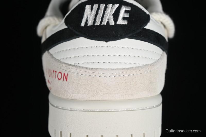Nike SB Dunk Low LV Collaboration Anniversary Customized Sneakers in Off-White Black Swoosh Triple Floral - SJ2068-235