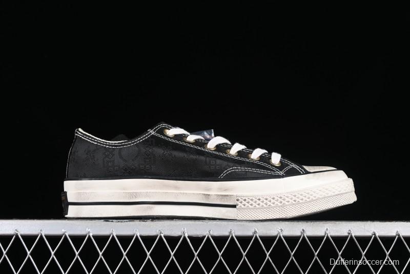 Clot x Fragment Design x Converse Custom Triple Collaboration Low-Top Sneakers with Distressed Black Silk and Brier Pattern - A10925C