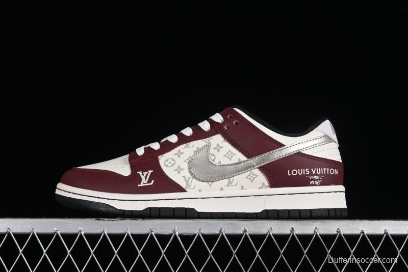 Louis Vuitton x Nike Dunk Low Customized Sneakers - Burgundy with Silver Swoosh SB Low Top Casual Skate Shoes - FC1688-188