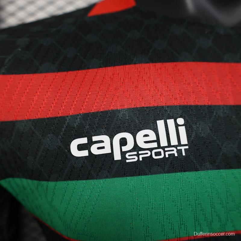 Player Version 25/26 CD Palestino Away Black Jersey with Red-Green Stripes and Bank of Palestine Sponsor