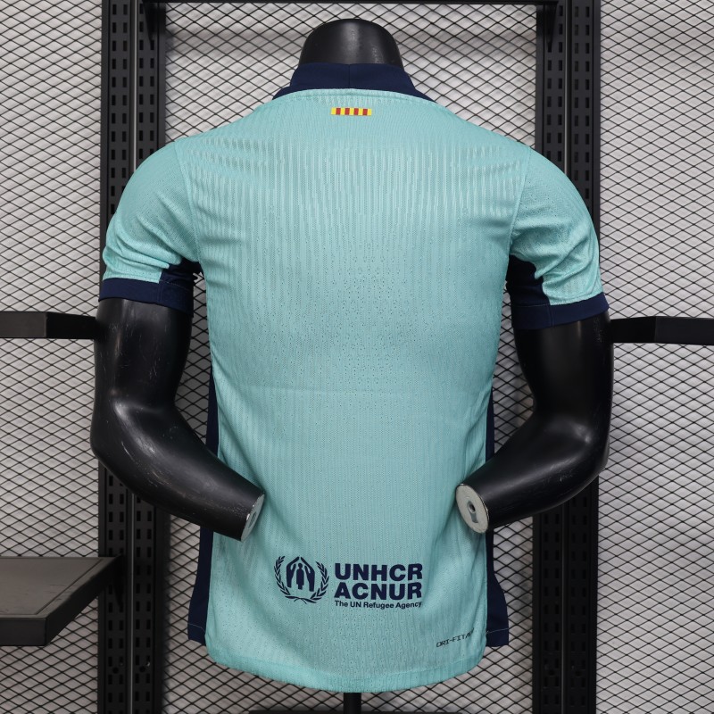 Player Version 25/26 Barcelona Blue 125Th Anniversary Mint Green Jersey with Navy Blue Stripe and Spotify Sponsor
