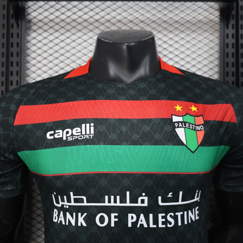 Player Version 25/26 CD Palestino Away Black Jersey with Red-Green Stripes and Bank of Palestine Sponsor