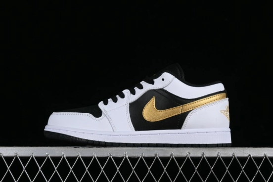 Nike Air Jordan 1 Low AJ1 Basketball Shoes with Black White Gold Swoosh - 553558-172