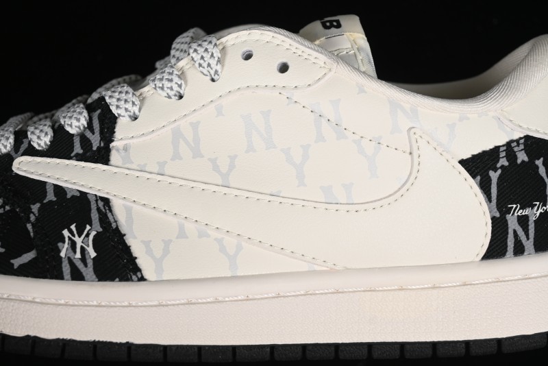 Nike Travis Scott x Fragment Design x Air Jordan 1 Low OG SP AJ1 MLB Collaboration - NY Black Print Low Top Casual Sneakers SJ2068-104