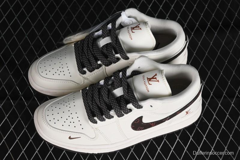 Nike Air Jordan 1 Low LV Collaboration Sneakers - Classic Monogram Swoosh in Off-White - WG8850-004