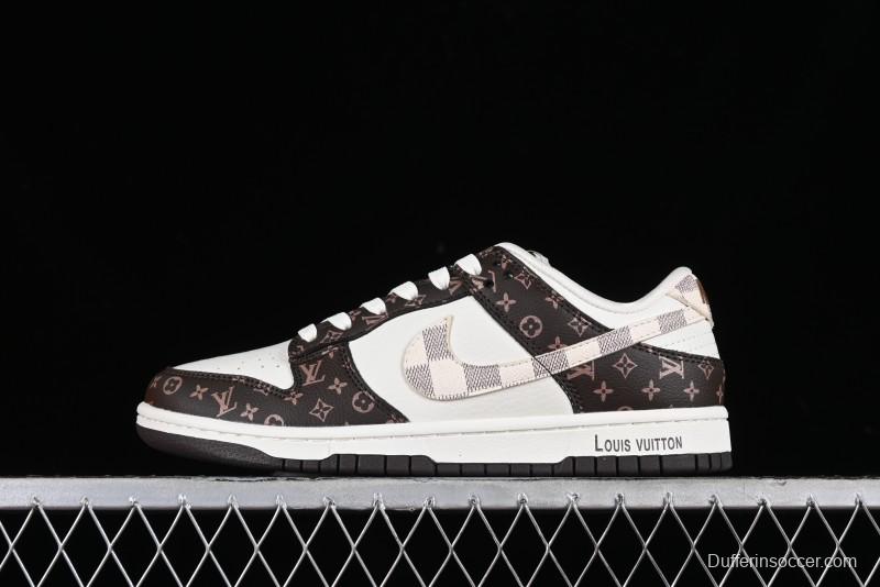 Nike SB Dunk Low LV Collaboration - Checkerboard Brown White Swoosh Anniversary High-End Custom Low-Top Casual Sneakers - SJ2068-253