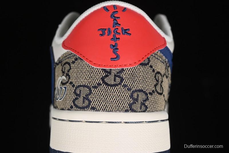 Nike Travis Scott x Fragment Design x Air Jordan 1 Low OG SP AJ1 Gucci Collaboration - Silver Logo Blue Swoosh Low Top Casual Sneakers - XY2688-118