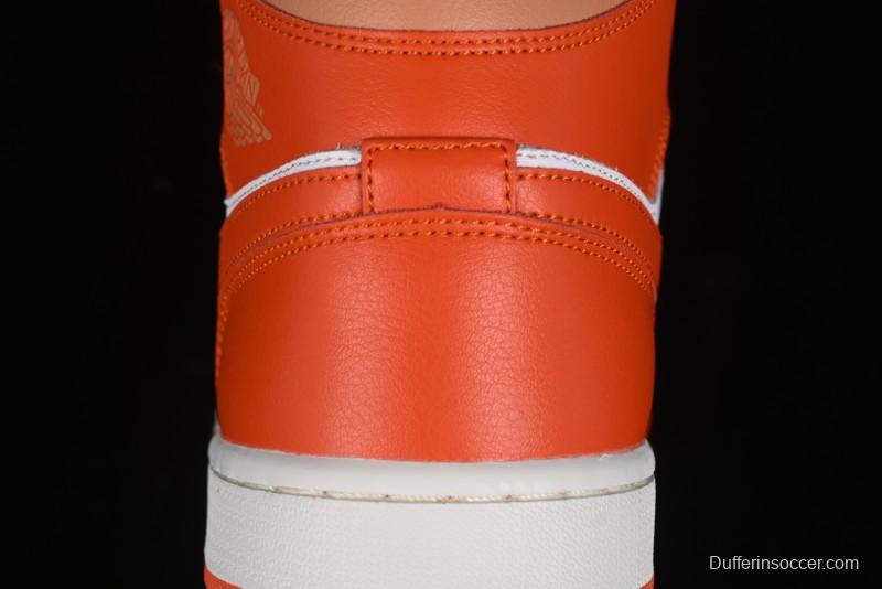 Nike Air Jordan 1 Mid Basketball Shoes in White and Orange Colorway - BQ6472-108
