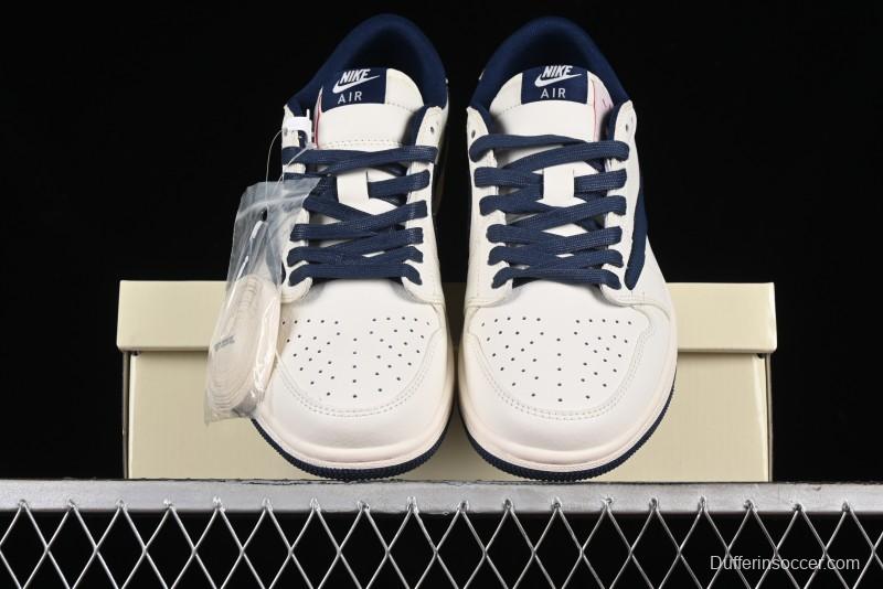 Nike Travis Scott x Fragment Design x Air Jordan 1 Low OG SP AJ1 Supreme Collaboration - White Navy Blue Low Top Casual Sneakers - XZ116