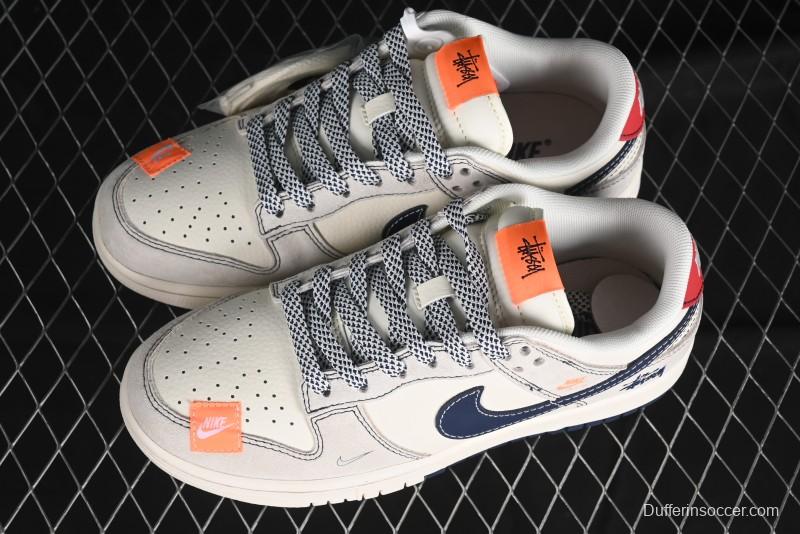 Nike SB Dunk Low Stussy Collaboration - Patchwork Grey White Dark Blue Swoosh Anniversary Custom Low-Top Casual Skate Shoes - MM1089-025