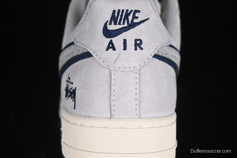 Nike Air Force 1 '07 Low Stussy Collaboration - Grey Pigskin Blue Sole Low-Top Casual Sneakers - XZ3318-028
