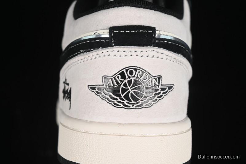 Nike Air Jordan 1 Low Stussy Collaboration - Silver Trim Black Swoosh Retro Basketball Shoes - SJ9950-026