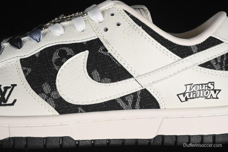 Nike SB Dunk Low LV Collaboration - Beige Black Printed Denim Anniversary High-End Custom Low-Top Casual Skate Shoes - XB3802-357