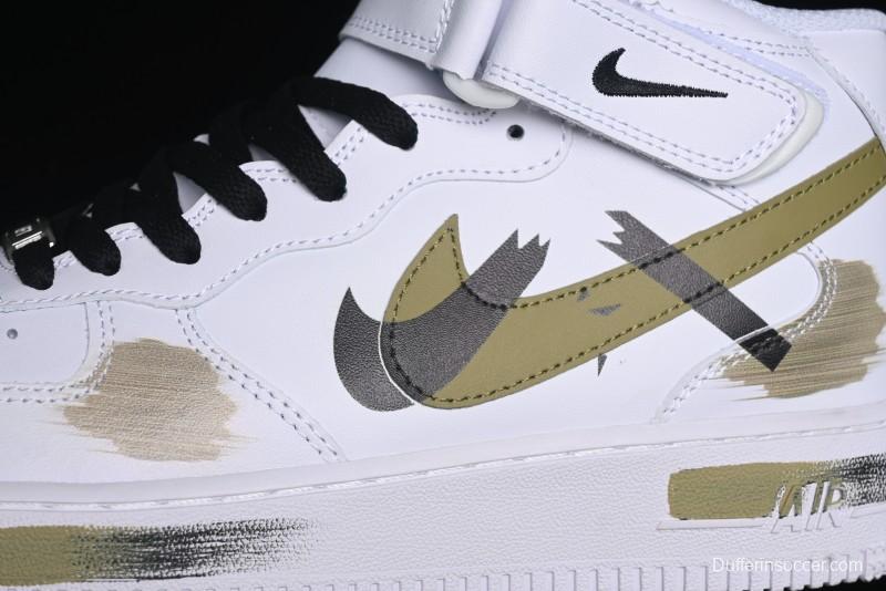 Nike Air Force 1 '07 Mid Hand-Painted Olive Green with Swoosh Shadow Strap Mid-Top Casual Sneakers - CW2289-111