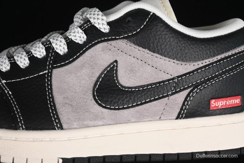 Nike Air Jordan 1 Low Supreme Collaboration - Black Grey Pigskin Two-Tone High-End Custom Retro Basketball Shoes - SJ9950-032