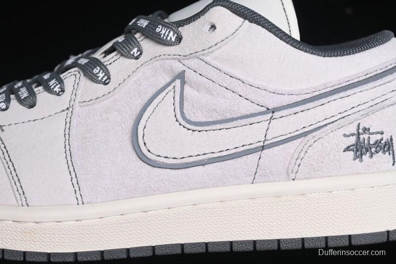 Nike Air Jordan 1 Low AJ1 Stussy Collaboration - Premium Customized Pigskin Grey Line Retro Basketball Shoes - DM9188-005