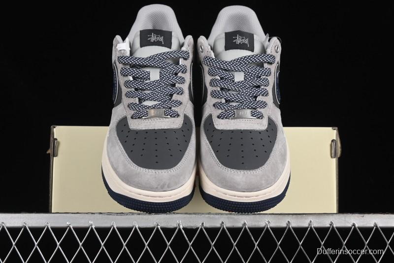 Nike Air Force 1 '07 Low Stussy Collaboration - Grey Pigskin Blue Sole Low-Top Casual Sneakers - SJ6698-005
