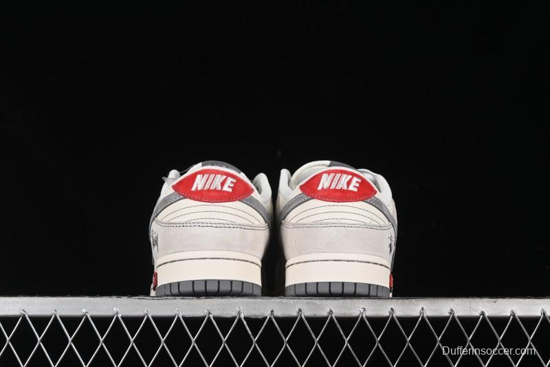 Nike SB Dunk Low Stussy Collaboration - Embroidered Grey Swoosh Anniversary Custom Low-Top Casual Sneakers - MM1089-033