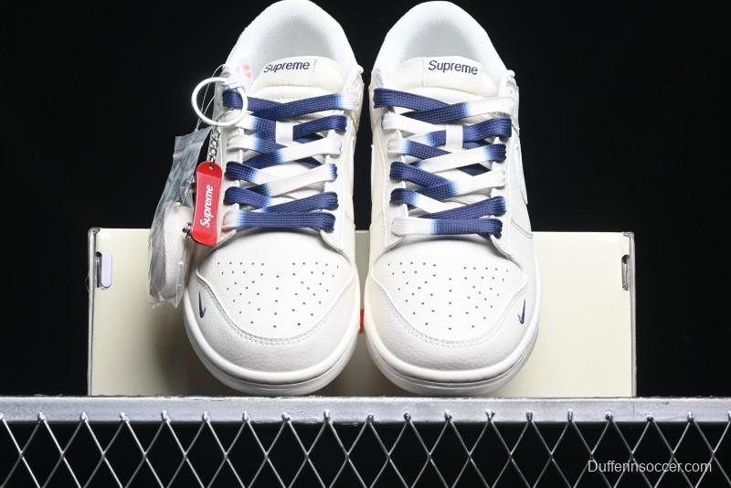 Nike SB Dunk Low Supreme Collaboration - White Blue Color Blocking with Mini Swoosh Anniversary Custom Edition Low-Top Casual Skate Shoes - BB8675-110