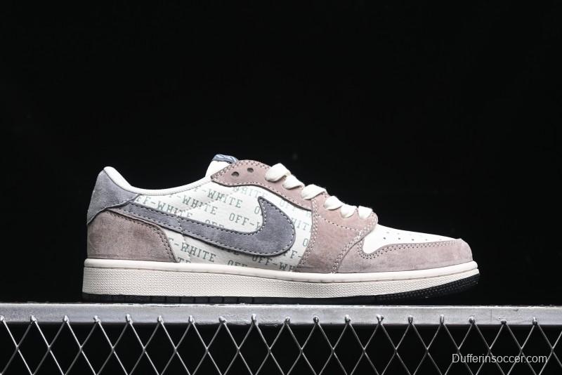 Nike Travis Scott x Fragment Design x Air Jordan 1 Low OG SP AJ1 OF Collaboration - Latte Grey Low Top Casual Sneakers - SJ2068-109