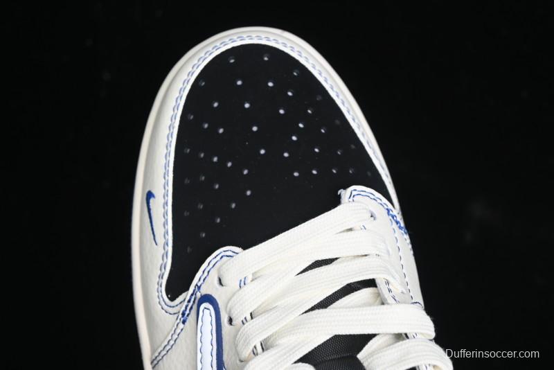 Nike Travis Scott x Fragment Design x Air Jordan 1 Low OG SP AJ1 Stussy Collaboration - Black Blue Line Low Top Casual Sneakers - SJ2068-113
