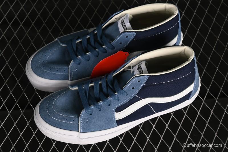 Vans Sk8-Mid Reissue 83 High-End Retro Skate Shoes with Blue Patchwork Suede - VN000CQQDWR