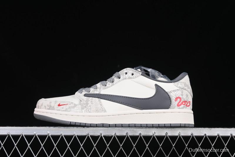 Nike Travis Scott x Fragment Design x Air Jordan 1 Low OG SP AJ1 Snake Year Limited Grey Snake Scale with Grey Swoosh Low-top Casual Sneakers - XS3086-009