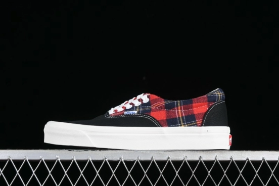 Vans Era Low-Top Skate Shoes with Black Canvas and Red Scottish Plaid Checkered Design - VN0A2RR1QWP