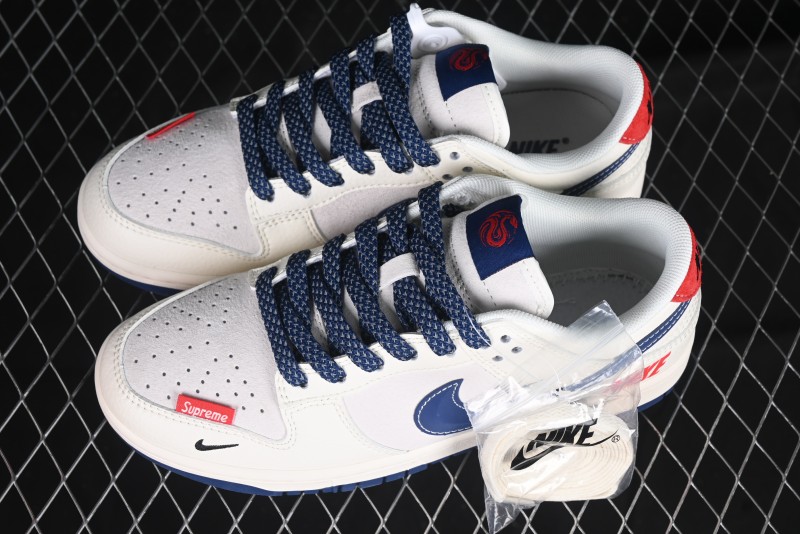 Nike SB Dunk Low Supreme Collaboration - Off-White 3D Navy Swoosh Anniversary Custom Low-Top Casual Sneakers - FC1688-204