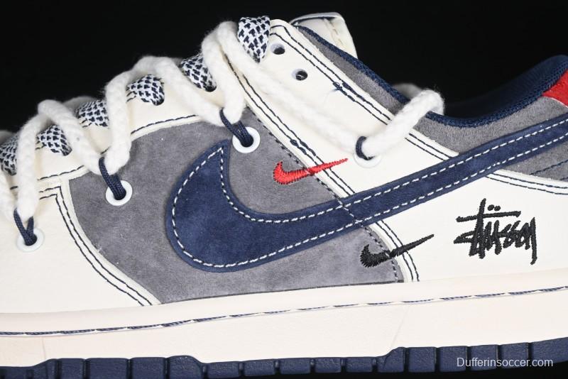 Nike SB Dunk Low Stussy Collaboration Anniversary Custom Low-Top Casual Sneakers with Strap in Beige Grey and Navy - YX5066-236