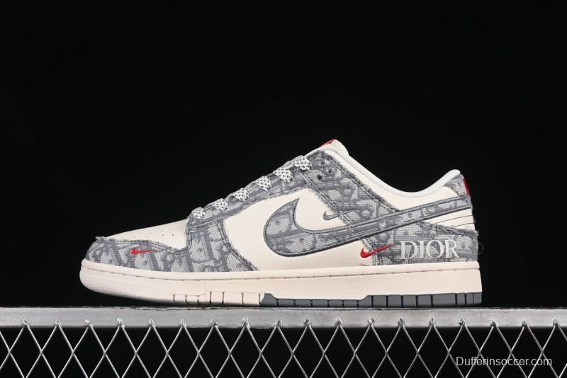 Nike SB Dunk Low Dior Collection Woven Grey Check Anniversary High-End Custom Low-Top Casual Skate Shoes - SJ2558-013