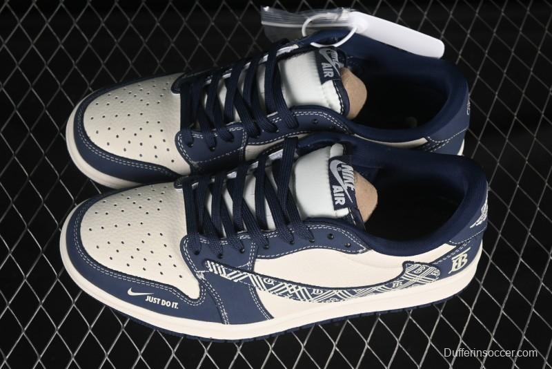 Nike Travis Scott x Fragment Design x Air Jordan 1 Low OG SP AJ1 Burberry Collaboration Dark Blue Swoosh Low-Top Casual Sneakers - LD2025-014