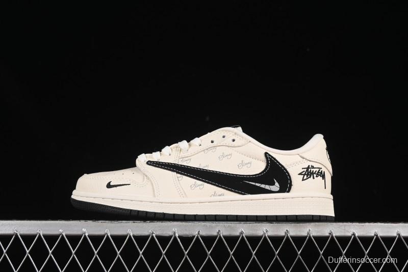 Nike Travis Scott x Fragment Design x Air Jordan 1 Low OG SP AJ1 Stussy Collaboration Black Beige Reverse Swoosh Low-top Casual Sneakers - XS2024-043