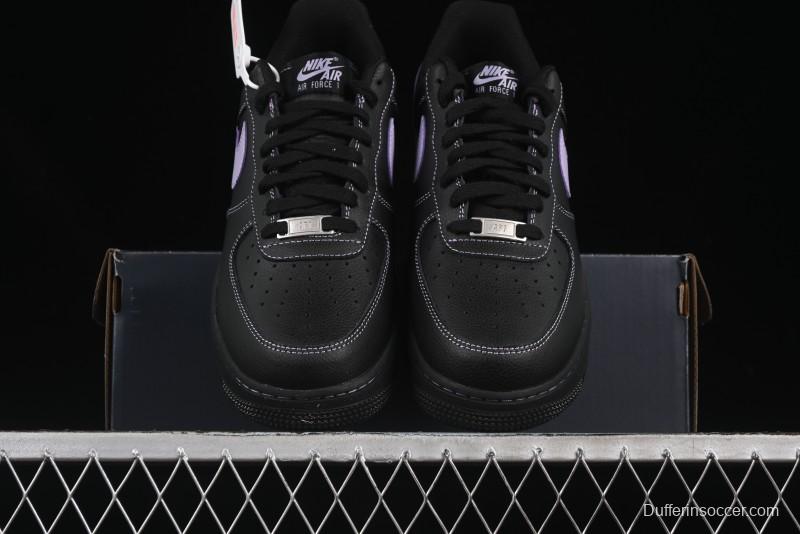 Nike Air Force 1'07 Low Casual Sneakers in Black with Purple Swoosh - HQ2037-001