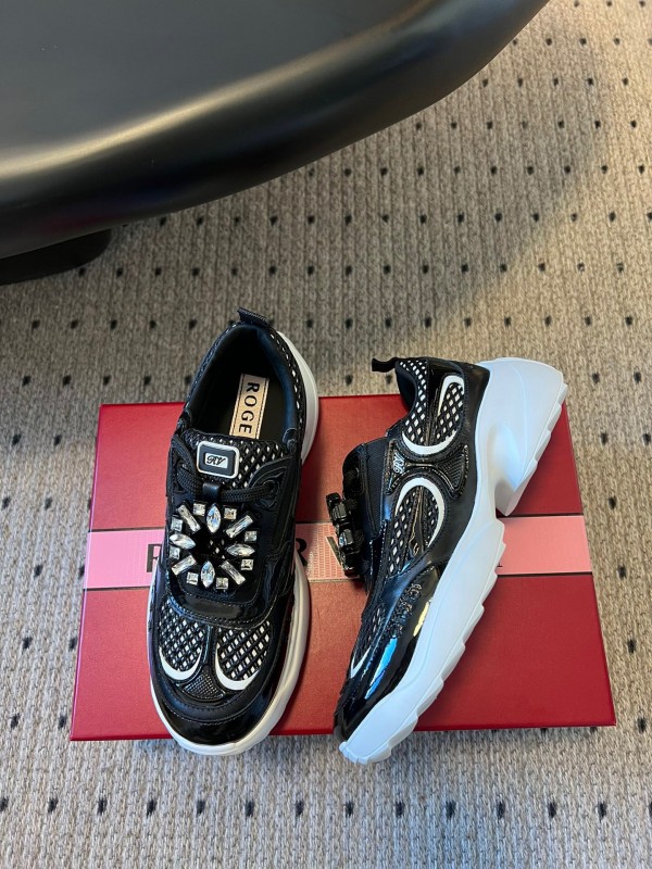 2025 Women Roger Vivier Black Leather Mesh Sneakers