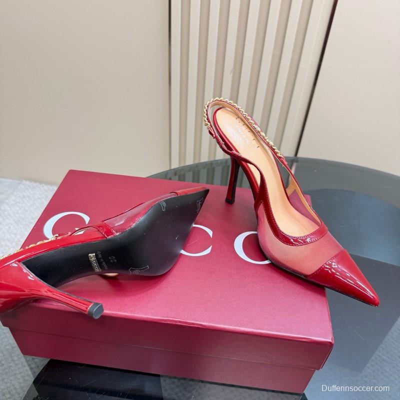2025 Women Gucci Red Patent Leather Pointed Toe Slingback High Heel Pumps With Chain Detail KFY00300(F)