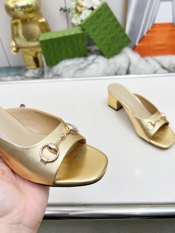 2025 Women Gucci Gold Leather Heeled Slip-On Horsebit MJ00180