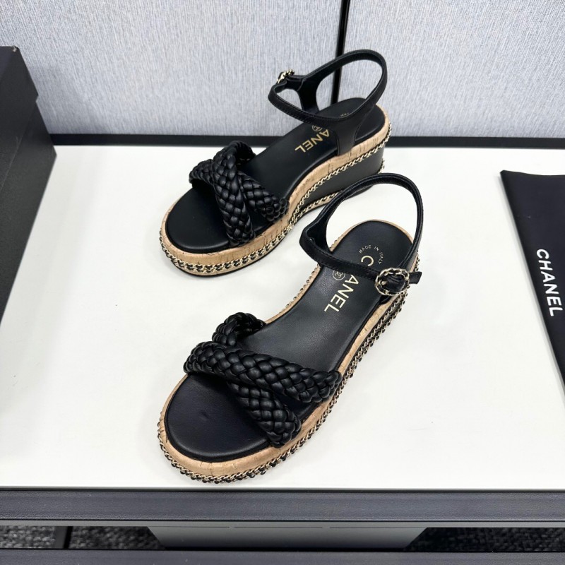 2025 Women Chanel Black Leather Braided Wedge Sandals