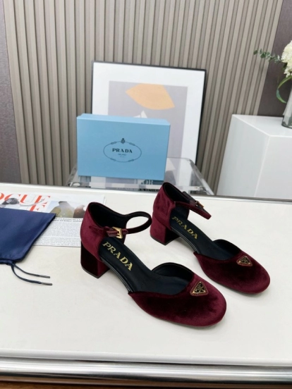 2025 Women Prada Burgundy Velvet Mary Jane Heel LY00270