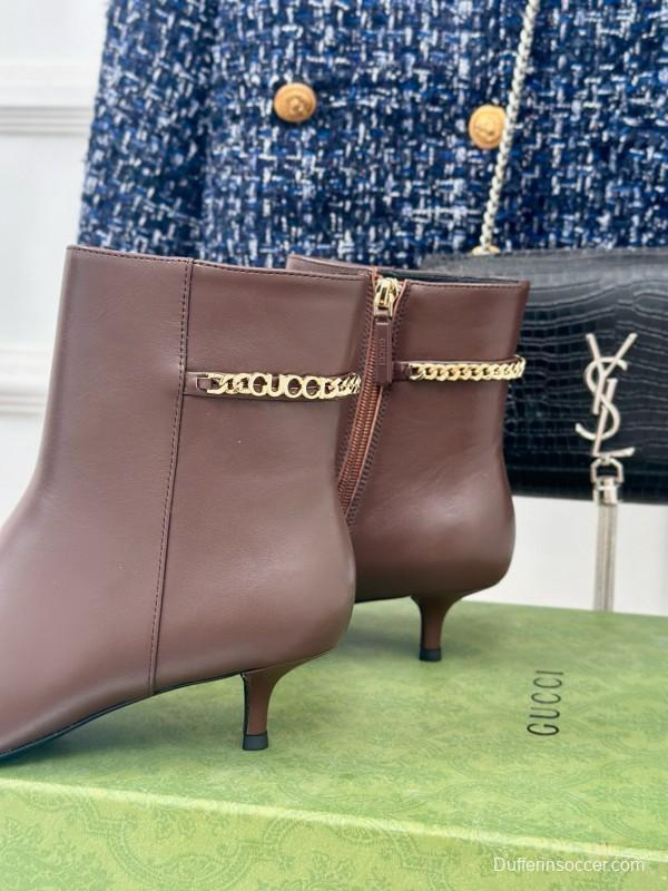 2024 Women Gucci Brown Calfskin Ankle Boots Chain Detail MJ00410