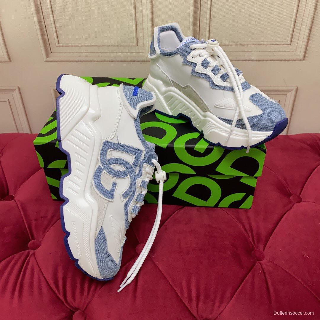 2025 Unisex Dolce & Gabbana White Blue Silk Leather Sneakers Exclusive Craft LY00330(F)/LY00340(M)