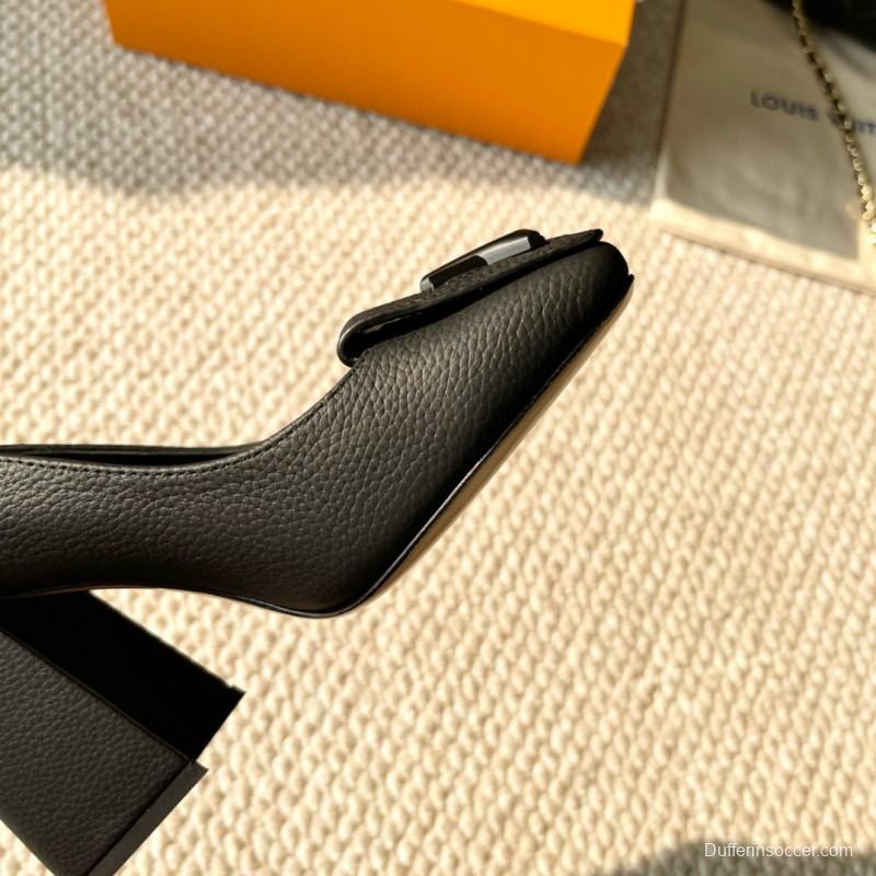 2024 Women Louis Vuitton Black Leather Block Heel Pumps