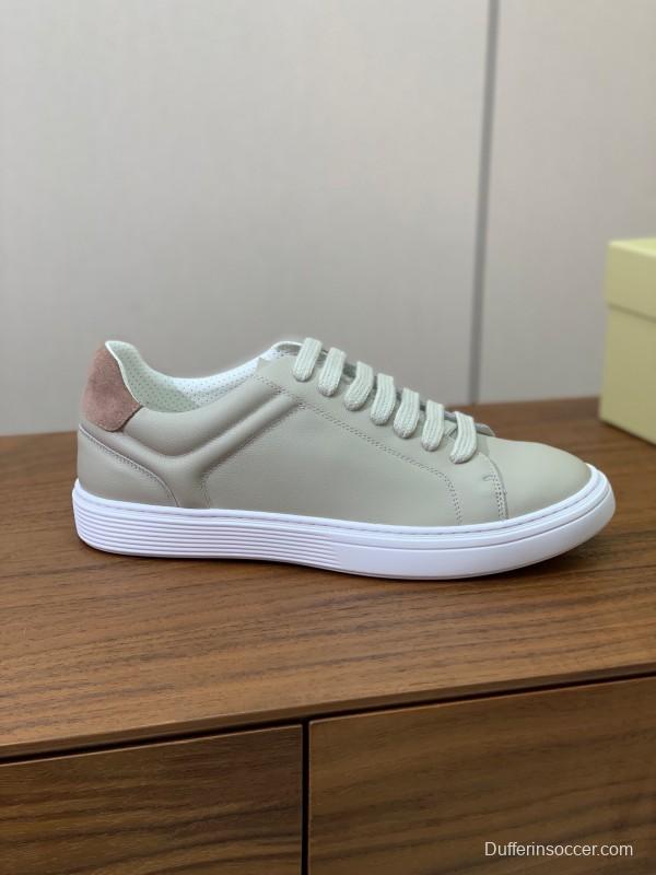 2025 Unisex Brunello Cucinelli Light Grey Leather Casual Sneakers Handcrafted KFY00310