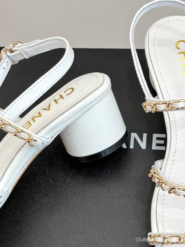 2025 Women Chanel White Leather Chain Strap Sandals