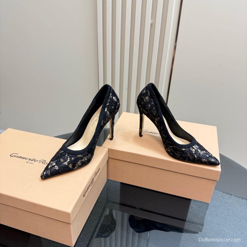 2025 Women Gianvito Rossi Black Lace Leather High Heel KFY00280
