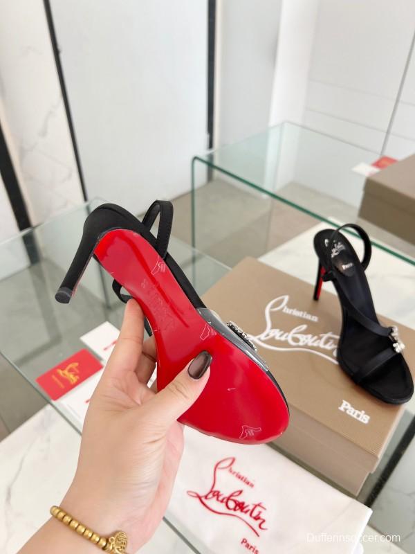 2025 Women ChristianLouboutin Black Satin High Heel Sandals Crystal Embellishment LY00300