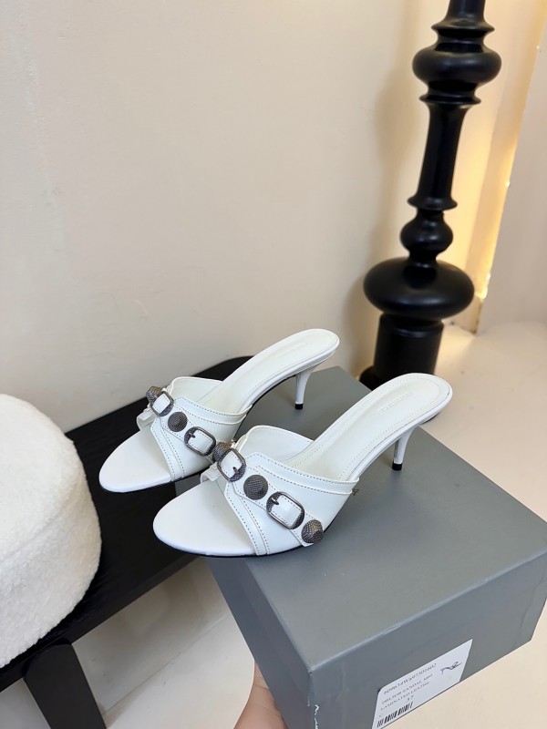 2025 Women Balenciaga White Leather Heeled Mules KFY00290