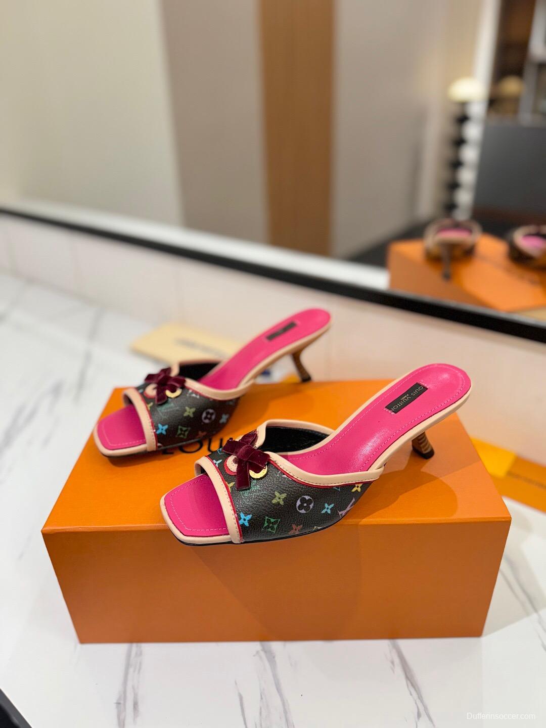 2025 Women Louis Vuitton Brown Pink Canvas Leather Sandals KFY00310