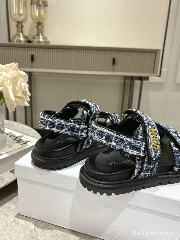 2025 Women Dior Black Blue White Fabric Leather Sandals KFY00300