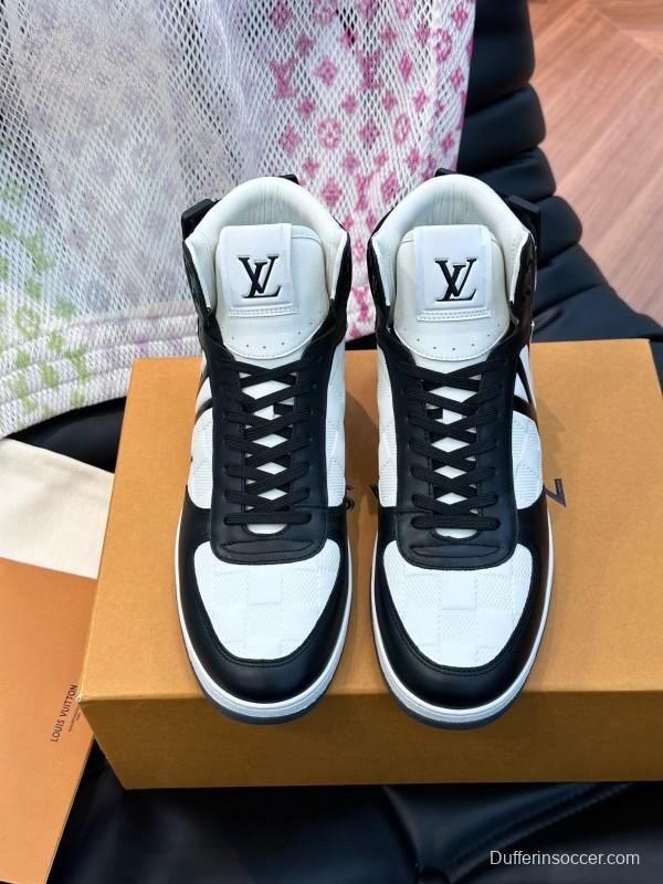 2024 Men Louis Vuitton Black White Leather High Top Sneakers MJ00420